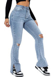 Winter New Women's High Waist Ripped Leg Slit Jeans Fashion Slim Fit Stretch Denim Straight Legs Casual Trousers S-2XL