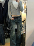 DERMEARNE ADAgirl Flared Baggy Jeans Women Y2k Retro Wide Leg Zipper Pockets Do Old Denim Pants Hip Hop Casual Korean Style Mujer Trousers