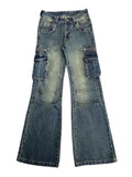DERMEARNE ADAgirl Flared Baggy Jeans Women Y2k Retro Wide Leg Zipper Pockets Do Old Denim Pants Hip Hop Casual Korean Style Mujer Trousers