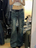 DERMEARNE ADAgirl Flared Baggy Jeans Women Y2k Retro Wide Leg Zipper Pockets Do Old Denim Pants Hip Hop Casual Korean Style Mujer Trousers