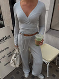 DERMEARNE Absobe Autumn Winter Loose Pants Leisure Suit Women Flare Sleeve Crop Cardigan Top Lace-up Solid 2 Piece Set Fashion Outfit
