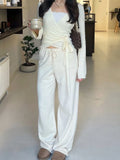 DERMEARNE Absobe Autumn Winter Loose Pants Leisure Suit Women Flare Sleeve Crop Cardigan Top Lace-up Solid 2 Piece Set Fashion Outfit