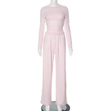 DERMEARNE Absobe Basic Wide Leg Pants Leisure Suit Women Crew Solid Long Sleeve Top Casual Loose Trousers 2 Piece Set Hottie Streetwear