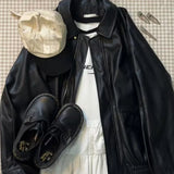 DERMEARNE American Retro Black Leather Coat Women New Spring Autumn High Fashion Lapel Motorcycle Women Tops Leather Jacket Coat