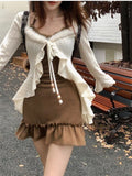 DERMEARNE American Style Vintage 2 Piece Set Spicy Girl Sexy Sleeveless Mini Dress + Knitted Ruffle Y2k Cardigan Korean Fashion Suit Woman