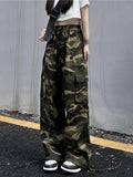 DERMEARNE American Vintage Camouflage Cargo Pants Women Summer New Streetwear Loose Straight Wide Leg Trousers Woman
