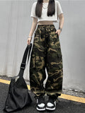 DERMEARNE American Vintage Camouflage Cargo Pants Women Summer New Streetwear Loose Straight Wide Leg Trousers Woman