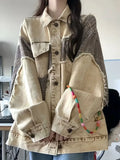 Dermearne American Vintage Denim Coat Plaid Patchwork Raw Edge Irregular Casual Loose Jacket Autumn Harajuku Y2k Streetwear Women Clothing