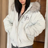 DERMEARNE American Vintage High Street Fur Collar Clothing Women's Parker Jacket Loose Casual Long Sleeve Embroidery Coats Fall Winter Top