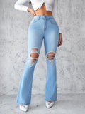 DERMEARNE Ankle Length Flare Jeans Hole Denim Pants Distressed Ripped Jean Pockets Punk Style Loose High Waist Washed Zipper Fly 2024