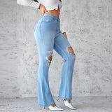 DERMEARNE Ankle Length Flare Jeans Hole Denim Pants Distressed Ripped Jean Pockets Punk Style Loose High Waist Washed Zipper Fly 2024