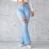 DERMEARNE Ankle Length Flare Jeans Hole Denim Pants Distressed Ripped Jean Pockets Punk Style Loose High Waist Washed Zipper Fly 2024