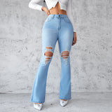 DERMEARNE Ankle Length Flare Jeans Hole Denim Pants Distressed Ripped Jean Pockets Punk Style Loose High Waist Washed Zipper Fly 2024