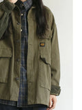 DERMEARNE Army Green Cargo Denim Jacket Women Men Spring Clothing Harajuku Jeans Coat Fashion Military Casual Workwear Japanese Streetwear