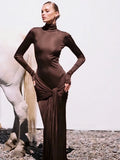 DERMEARNE Articat High Neck Long Sleeve Bodycon Dress For Women Tight Elastic Lace Up Maxi Long Dress Autumn 2024 New Party Club Vestidos