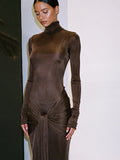 DERMEARNE Articat High Neck Long Sleeve Bodycon Dress For Women Tight Elastic Lace Up Maxi Long Dress Autumn 2024 New Party Club Vestidos
