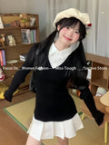 DERMEARNE Autumn American Vintage Shirt Pleated Dresses Women Clothing Slim Fit Polo Neck Long Sleeve Wool Black Short Party Dress Korean
