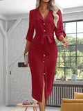 Dermearne Autumn Casual Long Sleeve Shirt Midi Dress Women Fashion Solid V-neck Lace Up Button Up Waist Temperament Shirts Dresses Female