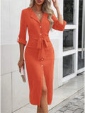 Dermearne Autumn Casual Long Sleeve Shirt Midi Dress Women Fashion Solid V-neck Lace Up Button Up Waist Temperament Shirts Dresses Female
