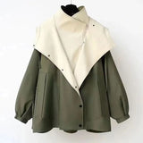 Dermearne Autumn Chic Women's Windbreaker Contrast Fake Two-Piece Zip Button Wind Coat Belt Hoodie Casual All-Match Trend Outwear Jacket