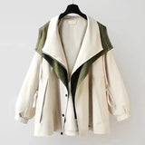 Dermearne Autumn Chic Women's Windbreaker Contrast Fake Two-Piece Zip Button Wind Coat Belt Hoodie Casual All-Match Trend Outwear Jacket
