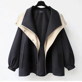 Dermearne Autumn Chic Women's Windbreaker Contrast Fake Two-Piece Zip Button Wind Coat Belt Hoodie Casual All-Match Trend Outwear Jacket