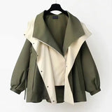 Dermearne Autumn Chic Women's Windbreaker Contrast Fake Two-Piece Zip Button Wind Coat Belt Hoodie Casual All-Match Trend Outwear Jacket