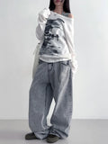 Dermearne Autumn Harajuku Women Printing Tees Vintage Streetwear Grunge Skew Collar Tops Y2k Aesthetic Loose Casual Hiphop Vintage Tops