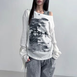 Dermearne Autumn Harajuku Women Printing Tees Vintage Streetwear Grunge Skew Collar Tops Y2k Aesthetic Loose Casual Hiphop Vintage Tops