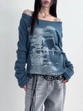 Dermearne Autumn Harajuku Women Printing Tees Vintage Streetwear Grunge Skew Collar Tops Y2k Aesthetic Loose Casual Hiphop Vintage Tops