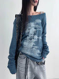 Dermearne Autumn Harajuku Women Printing Tees Vintage Streetwear Grunge Skew Collar Tops Y2k Aesthetic Loose Casual Hiphop Vintage Tops