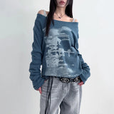 Dermearne Autumn Harajuku Women Printing Tees Vintage Streetwear Grunge Skew Collar Tops Y2k Aesthetic Loose Casual Hiphop Vintage Tops