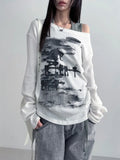 Dermearne Autumn Harajuku Women Printing Tees Vintage Streetwear Grunge Skew Collar Tops Y2k Aesthetic Loose Casual Hiphop Vintage Tops