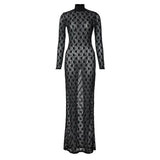 DERMEARNE Autumn Sexy Lace See Through Bodycon Maxi Dresses for Women Elegant Turtleneck Long Sleeve Hollow Out Dresses Party Outfits 2024
