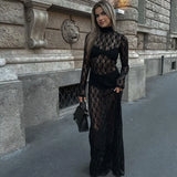 DERMEARNE Autumn Sexy Lace See Through Bodycon Maxi Dresses for Women Elegant Turtleneck Long Sleeve Hollow Out Dresses Party Outfits 2024
