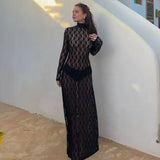 DERMEARNE Autumn Sexy Lace See Through Bodycon Maxi Dresses for Women Elegant Turtleneck Long Sleeve Hollow Out Dresses Party Outfits 2024