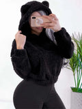 DERMEARNE Autumn Winter Long-sleeved Bear Ears Hat Solid Color Plush Sweatshirt Women Fashion Loose Short Casual Style Pullover Female
