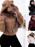 DERMEARNE Autumn Winter Long-sleeved Bear Ears Hat Solid Color Plush Sweatshirt Women Fashion Loose Short Casual Style Pullover Female
