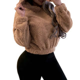 DERMEARNE Autumn Winter Long-sleeved Bear Ears Hat Solid Color Plush Sweatshirt Women Fashion Loose Short Casual Style Pullover Female