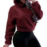 DERMEARNE Autumn Winter Long-sleeved Bear Ears Hat Solid Color Plush Sweatshirt Women Fashion Loose Short Casual Style Pullover Female