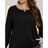 DERMEARNE Autumn/Winter Plus Size Women's XL-5XL Casual Color Blocking Long-sleeved T-shirt Pullover Fashionable Crew-neck Sweatshirt Top