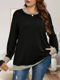 DERMEARNE Autumn/Winter Plus Size Women's XL-5XL Casual Color Blocking Long-sleeved T-shirt Pullover Fashionable Crew-neck Sweatshirt Top