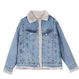 DERMEARNE Autumn Winter Pure Cotton Retro Style Double-sided Wearable Large Fur Collar Women's Denim Jacket Loose and Soft Denim Jacket