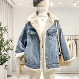 DERMEARNE Autumn Winter Pure Cotton Retro Style Double-sided Wearable Large Fur Collar Women's Denim Jacket Loose and Soft Denim Jacket