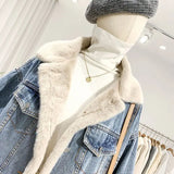 DERMEARNE Autumn Winter Pure Cotton Retro Style Double-sided Wearable Large Fur Collar Women's Denim Jacket Loose and Soft Denim Jacket