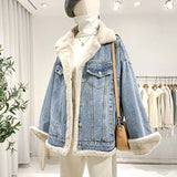 DERMEARNE Autumn Winter Pure Cotton Retro Style Double-sided Wearable Large Fur Collar Women's Denim Jacket Loose and Soft Denim Jacket