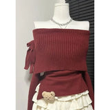 DERMEARNE Autumn Winter Solid Sexy Skirt Set Women Korean Fashion Slash Neck Vintage Elegant Bow Sweater A-line Cake Skirts Two-Piece Sets