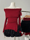 DERMEARNE Autumn Winter Solid Sexy Skirt Set Women Korean Fashion Slash Neck Vintage Elegant Bow Sweater A-line Cake Skirts Two-Piece Sets