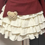 DERMEARNE Autumn Winter Solid Sexy Skirt Set Women Korean Fashion Slash Neck Vintage Elegant Bow Sweater A-line Cake Skirts Two-Piece Sets