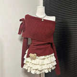 DERMEARNE Autumn Winter Solid Sexy Skirt Set Women Korean Fashion Slash Neck Vintage Elegant Bow Sweater A-line Cake Skirts Two-Piece Sets